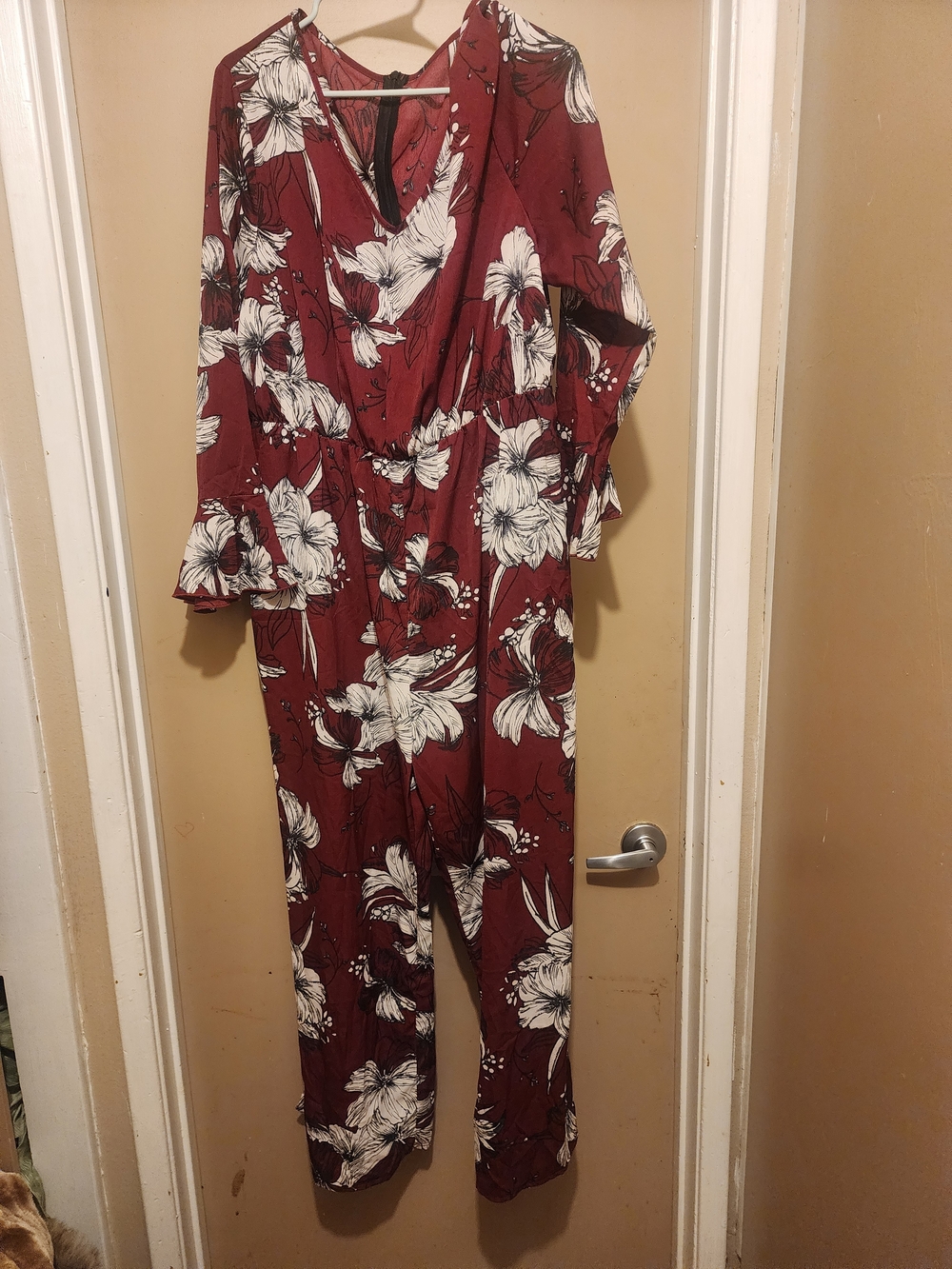 Women's Burgundy Floral Jumpsuit with White Print